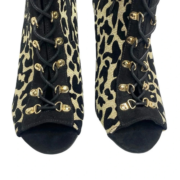 Anne Michelle Metallic Gold & Black Stiletto Heel Ankle Booties Lace Up Peep Toe - Picture 8 of 14